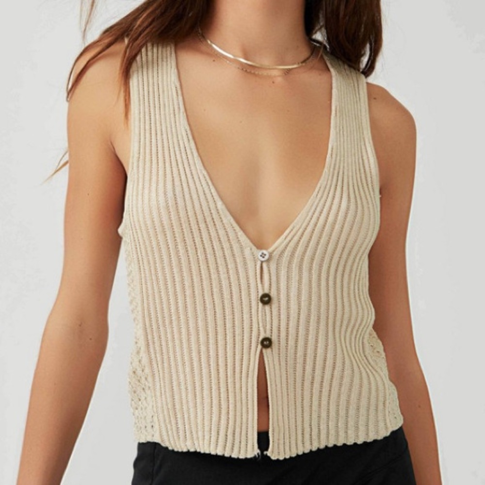Free People Cream Ribbed Button-Front Tank Top